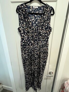 Sleeveless Navy Floral Zip-Front Midi Dress
